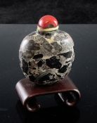 A Chinese fossiliferous limestone snuff bottle, 1800-1900, the stone with black, grey, white and