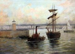 Edwin Fletcher (1857-1945)oil on canvas,Tug and sailing ship leaving harbour,signed,24 x 35in.