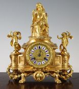 A 19th century French ormolu mantel clock, surmounted with a figure of Justice flanked by putti,