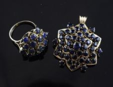 A 14ct gold and sapphire cluster dress ring and matching pendant brooch, size K.