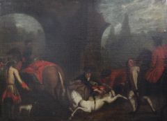 18th century French Schooloil on canvas,`The Hunting Party`,26.5 x 36in.