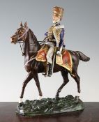 A rare Dresden porcelain model of a 10th Hussar on horseback, made for Thomas Goode & Co to