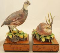 Two Royal Worcester coloured biscuit porcelain models of Bob-White Quails, modelled by Ronald van