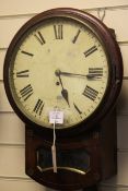 A Regency brass inset mahogany drop dial wall timepiece, with painted Roman dial and unsigned single