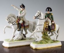 Two Sitzendorf porcelain models of Napoleon on horseback, 20th century, on shaped plinths, one