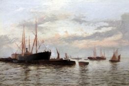 Edwin Fletcher (1857-1945)oil on canvas,Shipping at anchor on a calm sea,signed,16 x 24in.