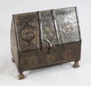 A late 19th / early 20th century Indian chip carved iron bound casket, with triangular top and