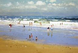 Robert King RI (1936-)gouache,Beach scene at low tide,signed,18 x 27in.