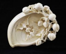 A Chinese ivory peach form brush washer, first half 19th century, carved in high relief and openwork