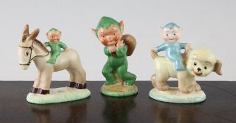 Three Shelley Mabel Lucie Attwell figures of Boo Boo Pixies, c.1940, comprising a pixie on a dog