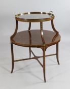An Edwardian mahogany and satinwood crossbanded marquetry inlaid two tier etagere, the top with