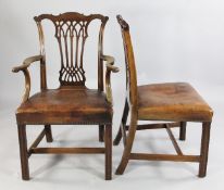 A set of six Chippendale style mahogany dining chairs, one with arms, five singles, with pierced