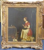 18th century Dutch Schooloil on wooden panel,Interior with woman sewing and a spaniel,16.5 x 13.