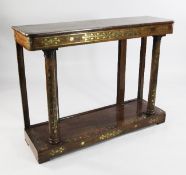 A Regency rosewood and brass inlaid console table, decorated all over with floral motifs, with