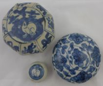 Three Chinese blue and white boxes and covers, Ming dynasty, the first of octagonal form painted