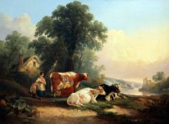 Joseph Horlor (1809-1887)oil on canvas,Figures and cattle in a river landscape,signed,17.5 x 23.