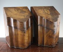 A pair of George III mahogany and chequer strung knife boxes, with serpentine fronts and inlaid