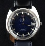 A gentleman`s early 1970`s stainless steel Omega Electronic wrist watch, the deep blue dial with