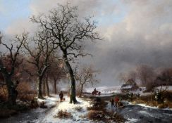 Frederik Marinus Kruseman (1817-1882)oil on wooden panel,Travellers in a winter landscape,signed,