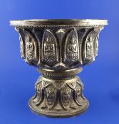 A Cambodian white metal cup embossed with Bodhisattvas, presented to Columbia Pictures to