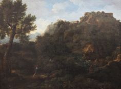 18th century French Schooloil on canvas,Figures passing a hilltop town,Agnews label verso,19.5 x