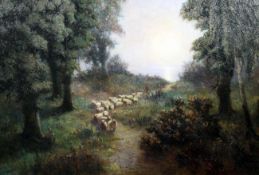 E H Parrott c.1900oil on canvas,`The Evening Scene`, Shepherd and flock on a coastal path at