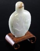 A Chinese pale lavender and green jadeite snuff bottle and stopper, 20th century, carved in relief