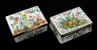 Two 18th century French enamel snuff boxes, with raised polychrome decoration, silver mounts, both