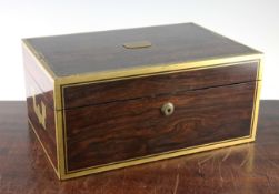 A George IV rosewood and mahogany brass bound jewellery box, converted to a humidor, 12.5in.