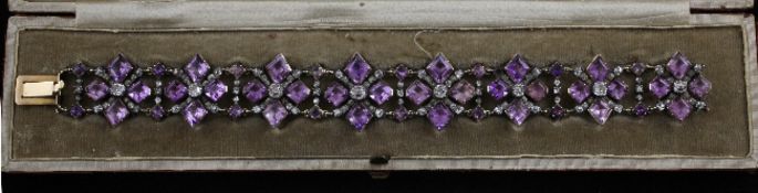 An 18th century gold, amethyst and diamond set articulated bracelet, set with diamond shaped