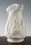 A Crimean War parian jug, relief moulded with `The Lady of the Lamp` in acanthus cartouche, 29cm.