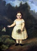 Hermann Holz (1821-1883)oil on canvas,Full length portrait of a girl standing in a garden, with