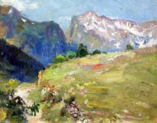 Pierre-Amedée Marcel-Beronneau (1869-1937)oil on wooden panel,Alpine landscape,stamp verso,7.5 x 9.