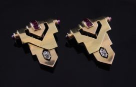 A pair of French? Art Deco gold, synthetic ruby and diamond set ear clips, of stepped tapering from,