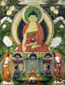 A Tibetan painted silk thangka of Buddha Sakyamuni, c.1800, seated on a lotus throne holding a bowl,