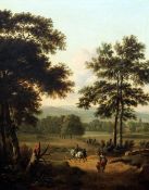 Attributed to Isaac de Moucheron (1667-1744)oil on canvas,Travellers in a wooded landscape,22 x