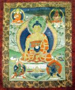 A Tibetan painting on silk of Buddha Sakyamuni, late 19th century, seated on a lotus throne