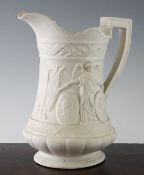 A Copeland parian Crimean War jug, relief-moulded with the Angel of Peace, Victoria and Napoleon