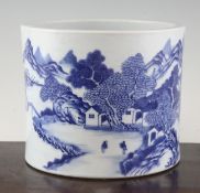 A Chinese blue and white brushpot, Qianlong period, painted with figures and boats in a river
