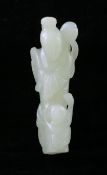 A Chinese pale celadon jade group of a lady and a child, 18th century, the lady holding a fruiting