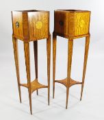 A pair of Sheraton revival satinwood jardinieres, with chequer banding and fan inlay motifs, with