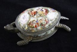 A late 19th century Viennese enamel and silver gilt table box, modelled as a turtle, the hinged