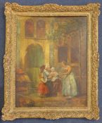19th century Belgian Schooloil on wooden panel,Family in a courtyard,17 x 13.5in.