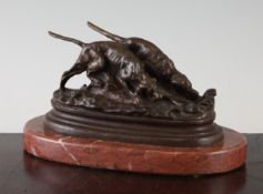 After Bayre. A 20th century bronze study of two dogs hunting, signed, on oval marble base, 8in.