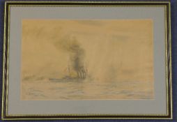 William Lionel Wyllie (1851-1931)watercolour,HMS Colossus in Action,signed and dated 1918,10 x 16.