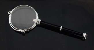 A pair of 1920`s/1930`s French platinum, onyx and diamond set lorgnettes, with tapering handle,