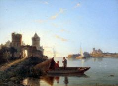 Pieter Cornelis Dommersen (1833-1918)oil on wooden panel,Boatmen in a tranquil landscape,signed