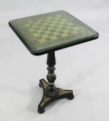 A William IV ebonised occasional games table, with square green and parcel gilt chessboard top, on a
