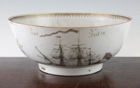 A rare Chinese export famille rose maritime punch bowl, c.1770, the exterior painted to both sides