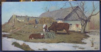 Continental Schooloil on canvas,Cattle in a farmyard in winter,27 x 53in., unframed